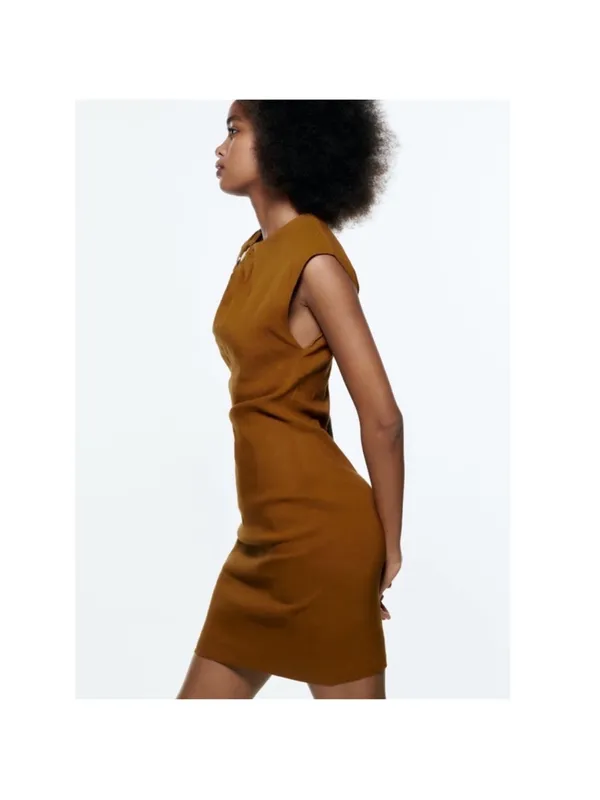 New Zara One-Shoulder Brown Mini Dress with Ring Detail Vacation Linen - Image 4