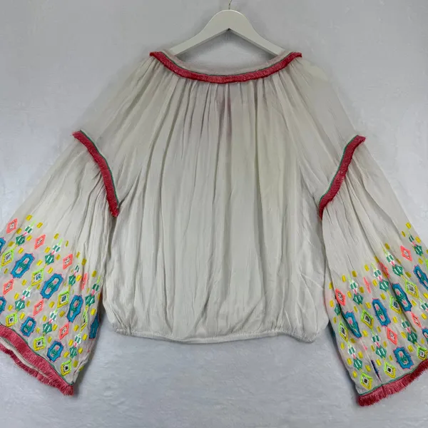 Ramy Brook Ivory Embroidered Tassel Tie‎ Neck Bell Sleeve Boho Blouse Medium - Image 10