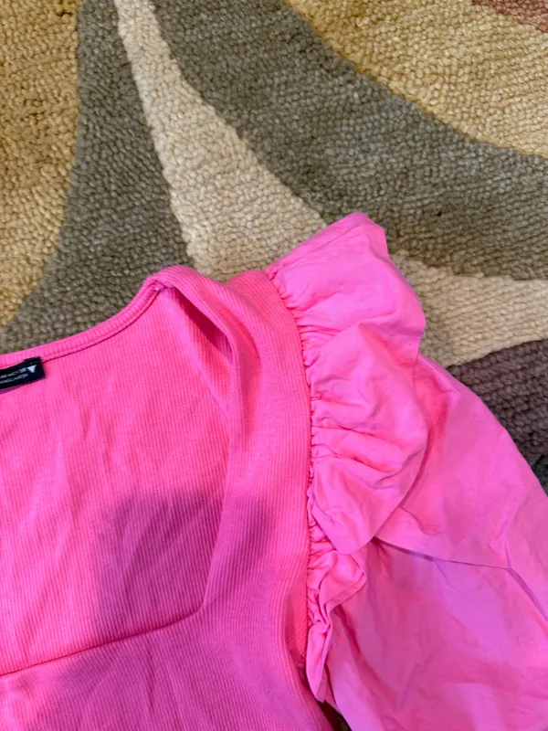 Zara Women Pink Puff Sleeve Ribbed Square Neck Crop Top Preppy Style Size Medium - Image 2