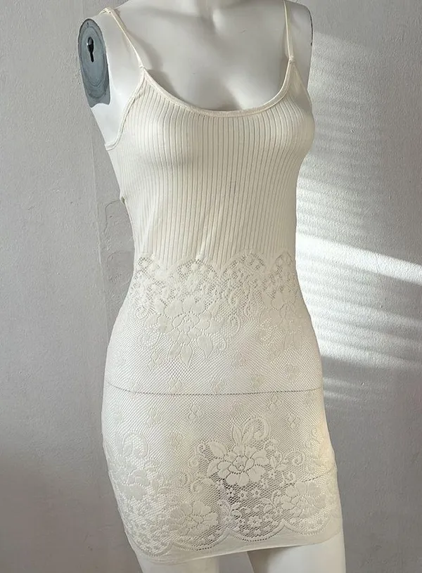 Anthropologie Easel boho ivory ribbed knit crochet floral lace mini dress small - Image 9