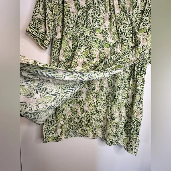 CAbi Faux Wrap Dress Green Tan Hawaiian Tropical Floral Leaf Boho Indie Sz Small - Image 9