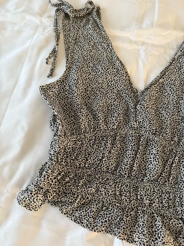 White And Black Dalmatian Print Cropped Tank With Tie Detail - Image 2