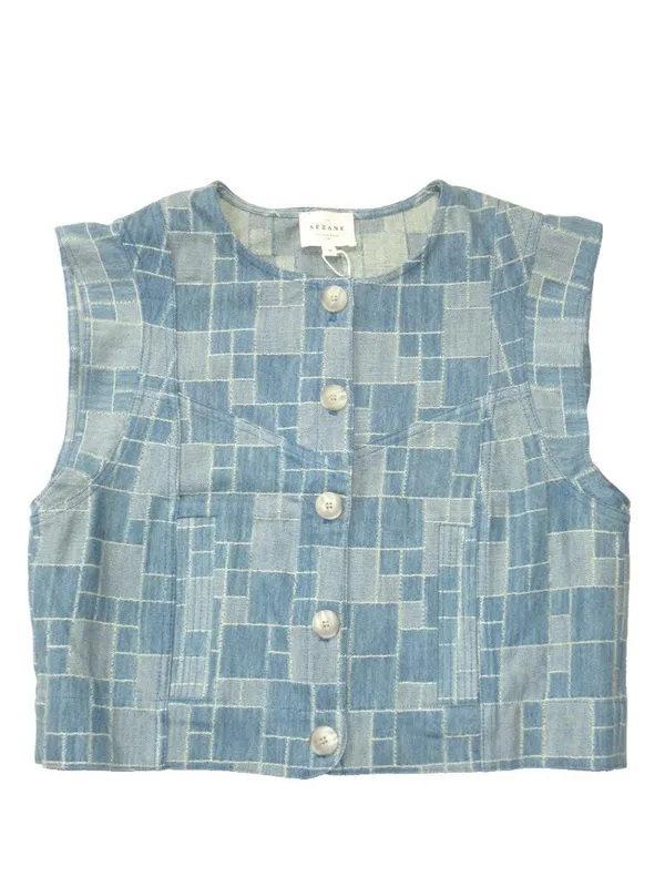 NWT Sezane Timothé Jacket in Blue Denim Patchwork Vest Top M - Image 4