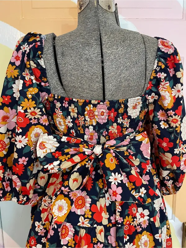 KARLIE Floral Poplin Cotton Tiered Tie Back Smocked Puff Sleeve Dress Sz S 💚🎀 - Image 6