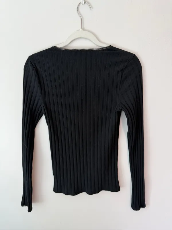 J. Crew Pointelle Ribbed Crewneck Long Sleeve T Shirt Scallop Trim Medium - Image 3