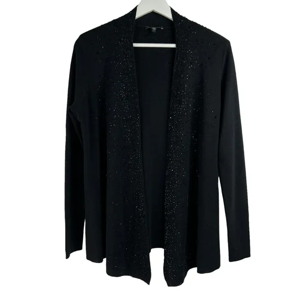 Eileen Fisher S Cardigan Black Beaded Merino Wool Open Front Italian Yarn Luxury - Image 2