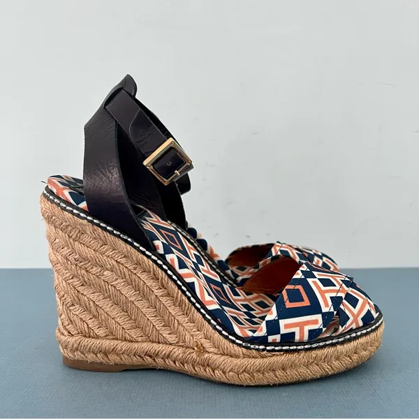 Tory Burch Criss Cross Blue & Orange‎ Canvas Espadrille Jute Wedge Sandals - Image 3