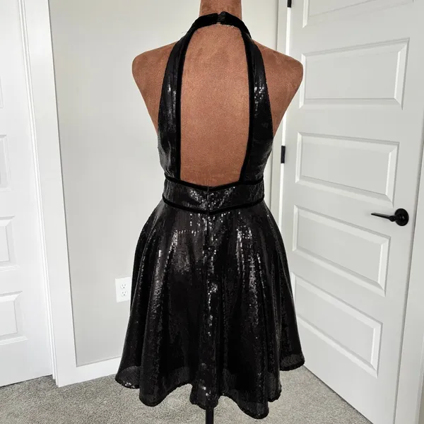Free‎ People Film Noir Black Sequin Halter Mini Dress Velvet Trim Open Back US 2 - Image 8