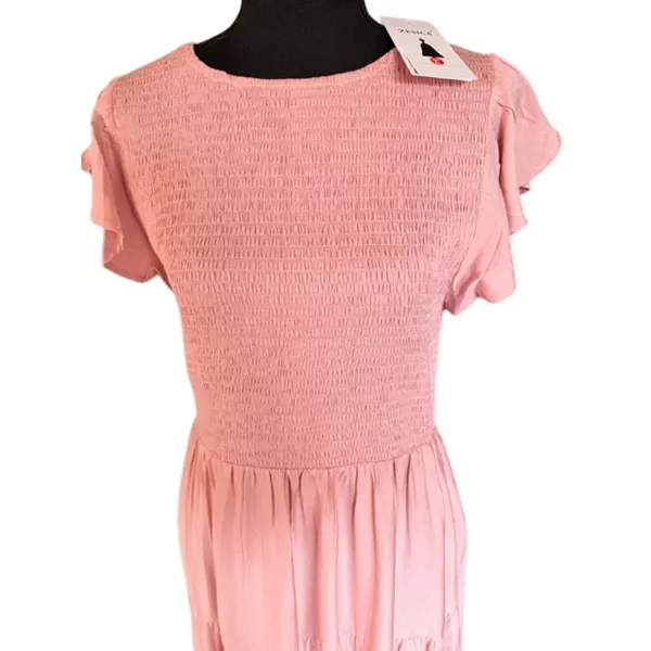 ZESICA Smocked Flutter Sleeve Cottagecore Romantic Midi Dress – Pink – Size L - Image 2