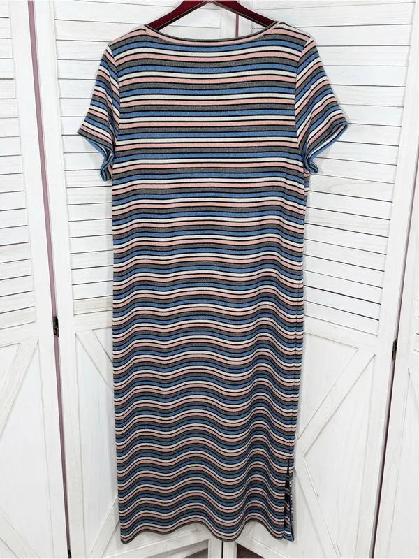 Loft Striped Shimmer Knit Midi Tee Shirt Dress Pink Blue Grey Metallic Size XL - Image 8