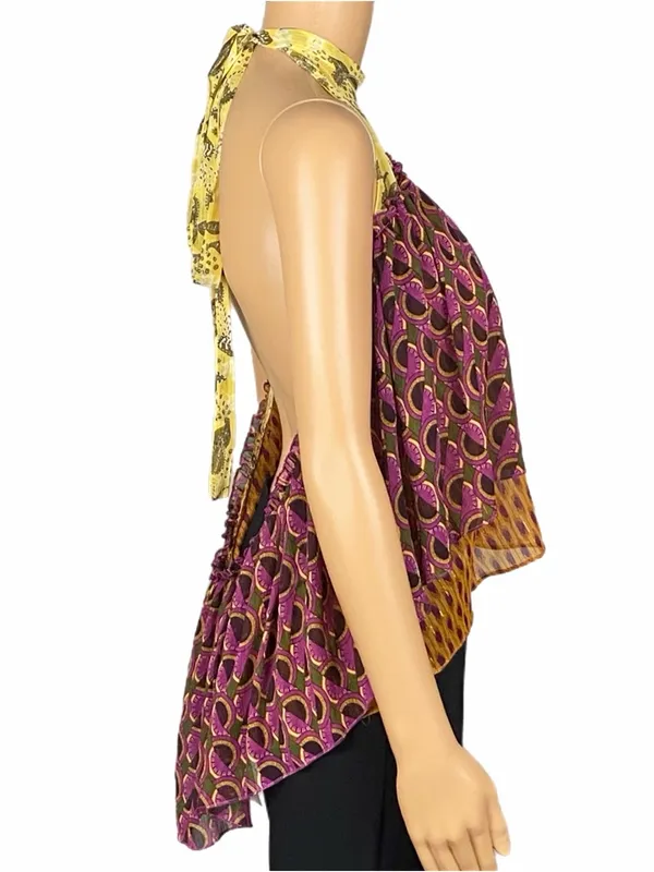 ZARA NWT Printed Flowy Halter Top Boho Metallic Layered Open Back Size XL - Image 4