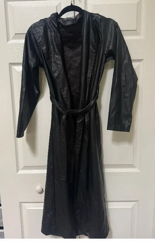 Apperloth Black Faux Leather Belted Long Trench Coat S - Image 2