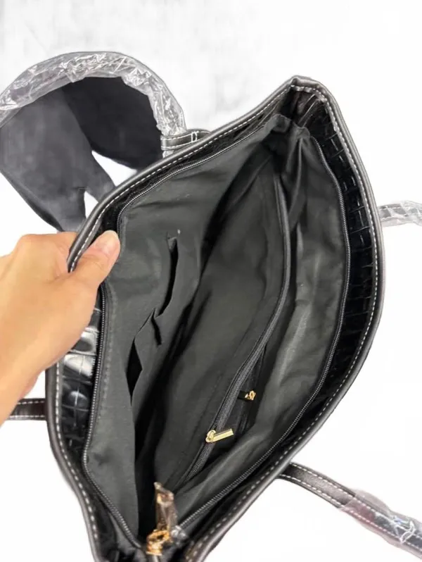 Black Croc Embossed Tote Bag with Zipper and Interior Pockets - Image 4