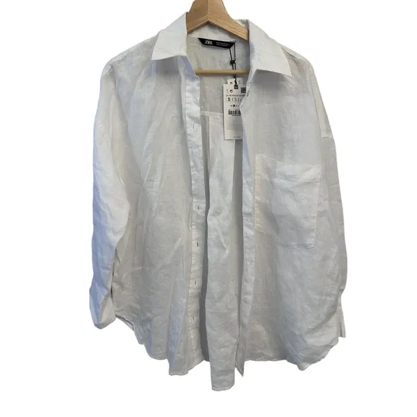 ZARA White 100%Linen women's Long Sleeve Button Down Shirt Small NWT 8372/034 - Image 2
