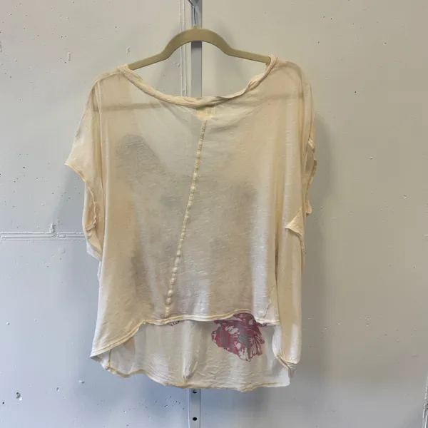 RARE Free People Floral Graphic Oversized Tee Cream Purple Boho Scoop Neck Large - Image 2