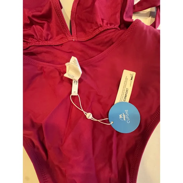 Cupshe Womens Burgundy Wrap Tie Halter One Piece Swimsuit Padded Wine Red Size M - Image 3