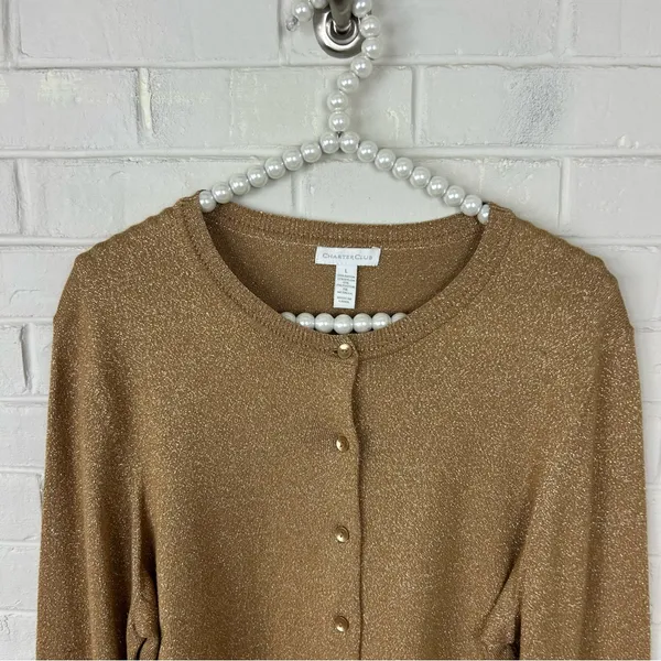 Charter Club Gold Metallic Thread Knit Cardigan Sweater Size L - Image 3
