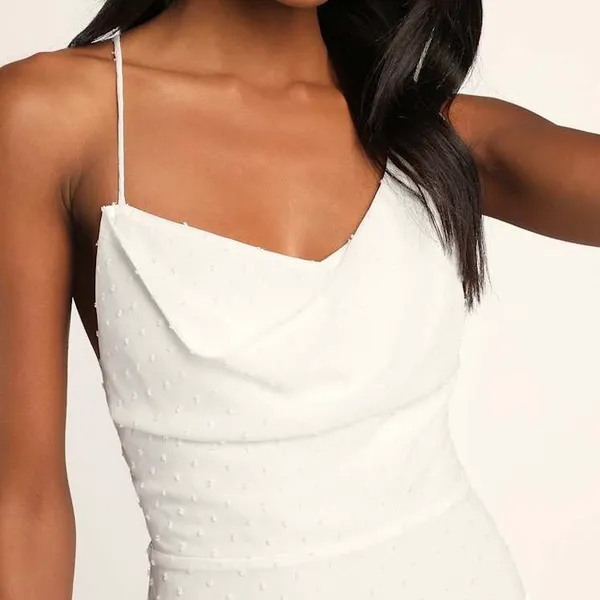 Lulus A Chance on Romance White Swiss Dot Asymmetrical Midi Dress Junior Size Large - Image 2