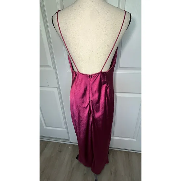 Lioness Satin Maxi Dress L Magenta Pink Cowl Neck Side Slit‎ Open Back Slip - Image 5