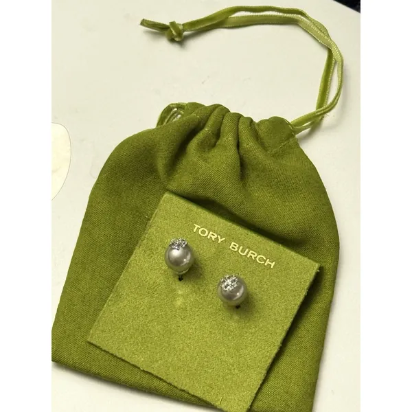 Tory Burch Moondance Pearl and Pavé Stacked T Logo Stud Earrings New Authentic - Image 6