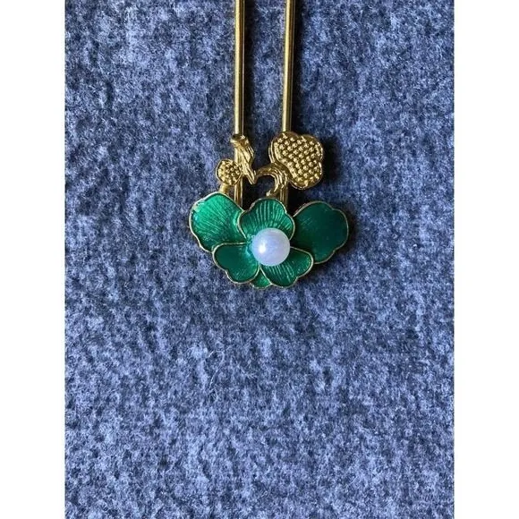 Elegant Gold Tone Green‎ Enamel Flower Pearl Hair Pin Stick Bun Holder - Image 4