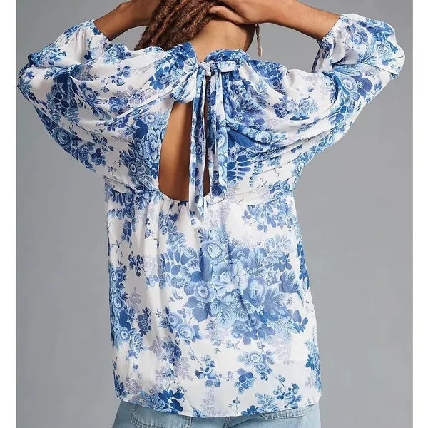 Maeve Anthropologie Blue White Floral‎ Sheer Tunic Blouse High Neck Tie Back L - Image 2