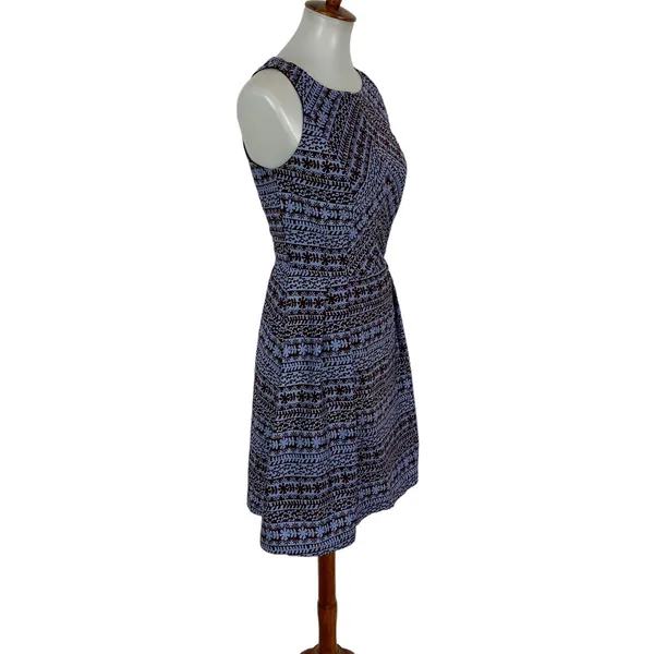 Anthropologie Eva Franco Blue Brown Geometric Fit And Flare Sleeveless Dress 4 Retro‎ Chic - Image 4