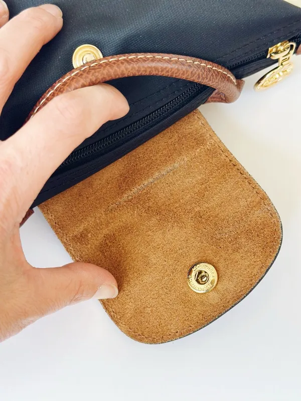 Longchamp Small Le Pliage Original Pouch Nylon Bag in Black with Brown Trim - Image 5
