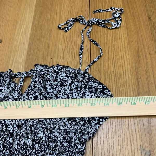Intimately Free People Black White Floral Smocked Bodysuit Tie‎ Straps Size L - Image 3