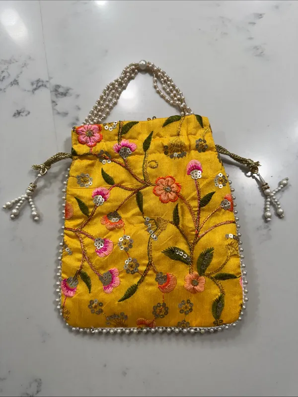 Yellow Floral Embroidered Indian potli Bag - Image 6
