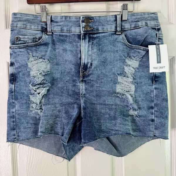 True Craft Denim‎ Shorts High-Rise Distressed Blue Wash Plus Size 18W - Image 9