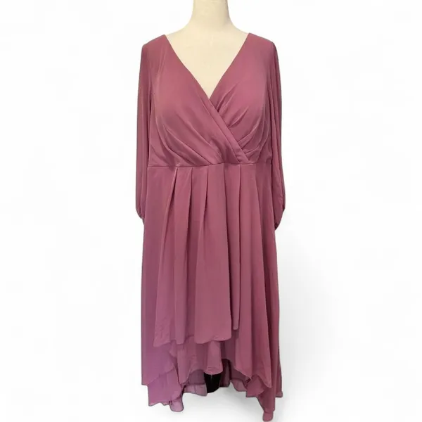Midi Dress 2X 2XL Mauve Pink V Neck Chiffon Bodice Wedding Cocktail Asymmetrical - Image 2