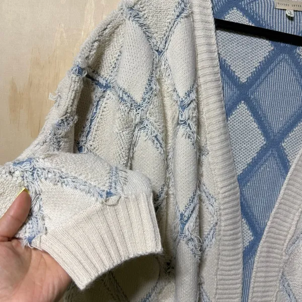 Gilded Intent Cardigan‎ Sweater L Blue Cream Chunky Knit Open Front - Image 3