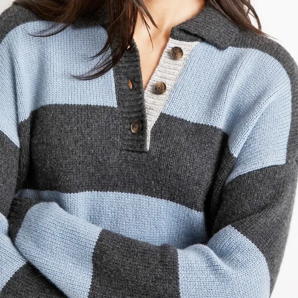Madewell Rugby Stripe Polo Sweater Charcoal Gray & Blue Stripe Pullover Size XS - Image 3