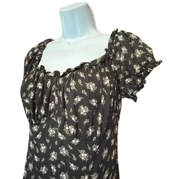 H&M Dark‎ Floral Milkmaid Puff Sleeve Maxi Dress L Ruffle Fairy Cottage Whimsigoth - Image 2