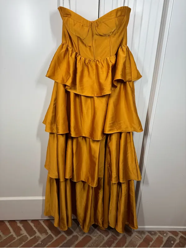 Azazie Faye Butterscotch A-Line Ruched Stretch Satin Dress size 12 NEW party - Image 2