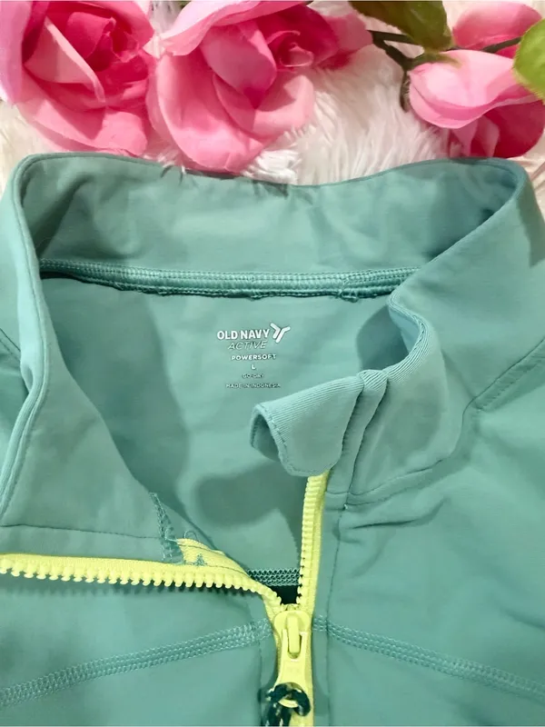 Old Navy PowerSoft Sleeveless Half Zip Crop Top L Green Colorblock Activewear - Image 2