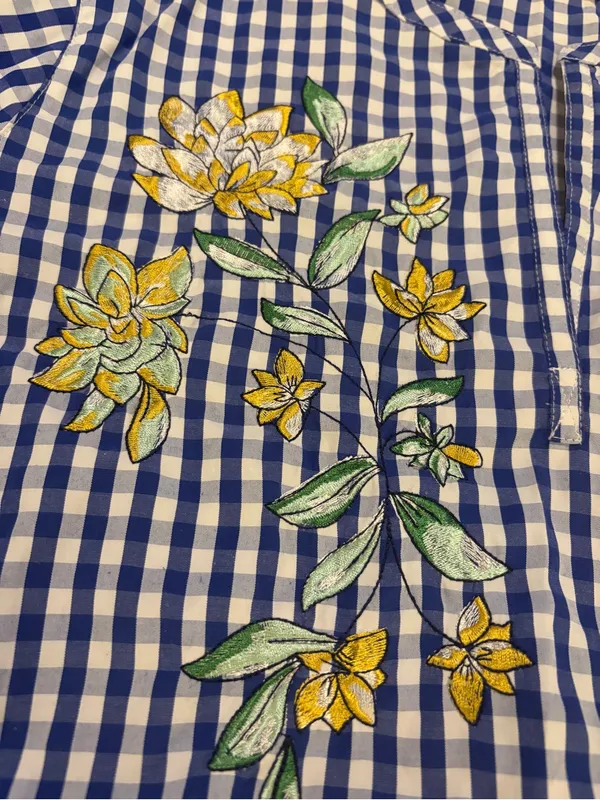 Blue Gingham Embroidered Women’s Blouse - Image 4