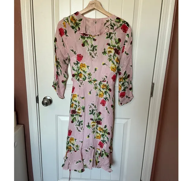 Milly Audrey Dress in Petal Silk Wrap Mini Dress W6 Pink/Green - Image 3