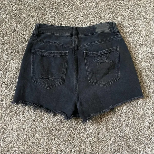 American Eagle Super Destroyed Black High Rise Mom Distressed Denim jean shorts - Image 2