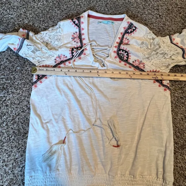 Maurices Womens Boho Embroidered Lace Up Smocked Hem Top White Large Long Sleeve - Image 4