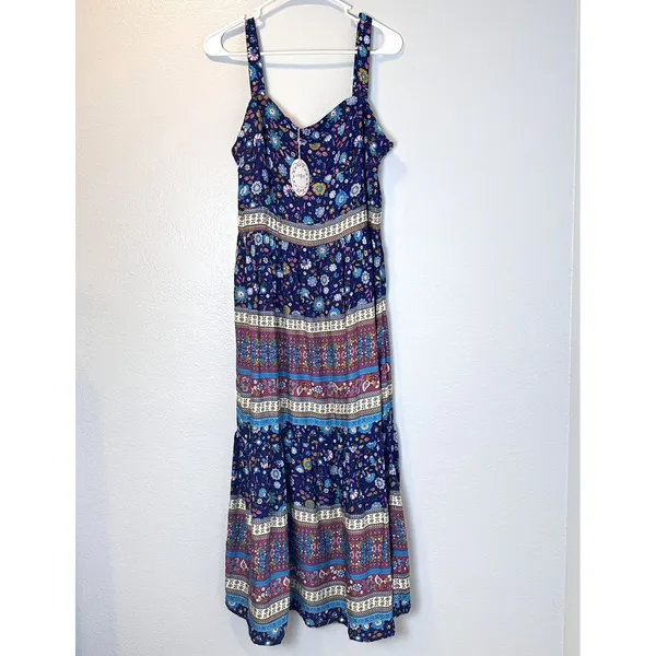 Umgee Size-L Boho Tiered Maxi Dress‎ | Blue Floral Paisley - Image 6