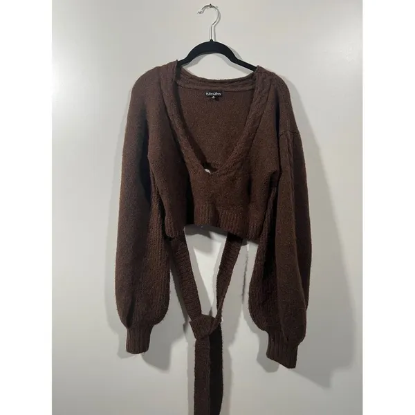 For Love & Lemons Cropped Amelia Sweater Chic Brown Knit with Back Tie Size XL - Image 5