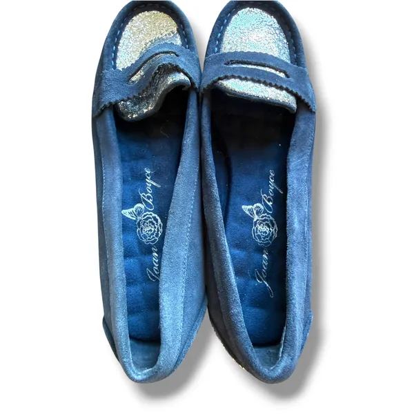 Joan Boyce Loafers Womens 8.5 Navy Suede Silver Glitter Penny Flats 191670 - Image 7