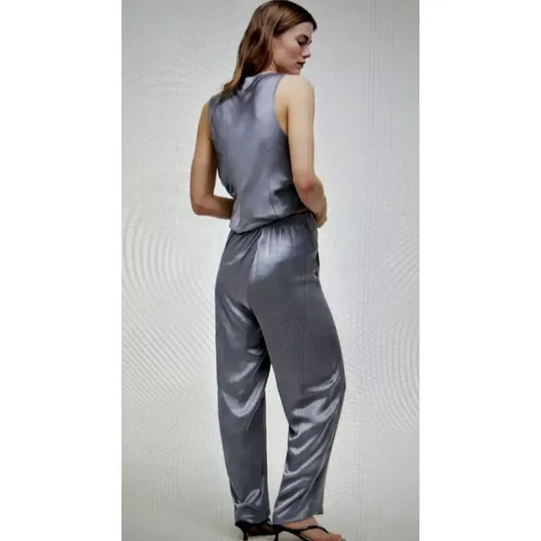 Madewell Straight Leg Full Length Pants in Satin Dusk Grey Size M (#4) - Image 4