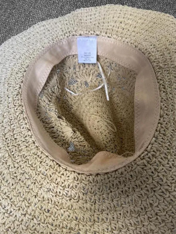 Women’s Beige Crochet Paper Straw Wide Brim Sun Hat - Image 4