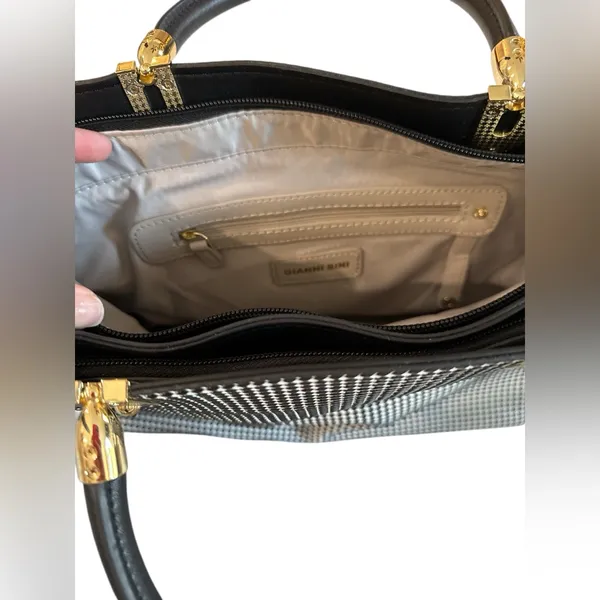 Gianni Bini Black & White Geometric Dot Structured Satchel with Gold‎ Hardware - Image 6