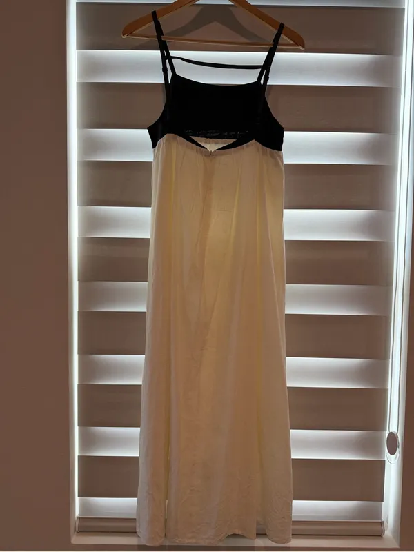Black & Cream Two-Tone Maxi Dress with Spaghetti Straps - Image 2