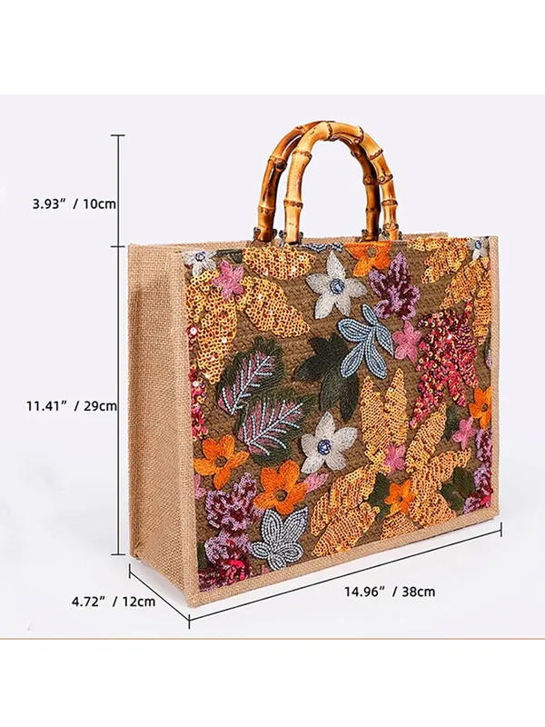 Embroidered Floral Tote Bag with Bamboo Handles - Beige - Image 2