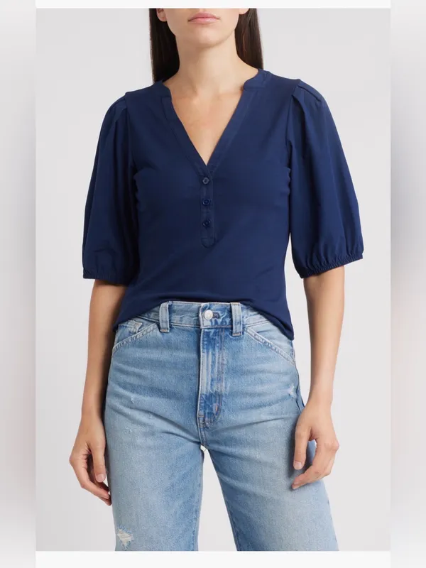 Madewell Puff Sleeve Henley Knit Top Blue Modal Blend Size XL NWT - Image 2
